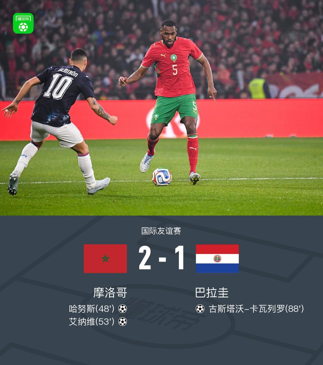 体彩-摩洛哥2-1巴拉圭，哈努斯破僵，艾纳维建功